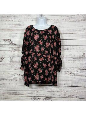 CeCe Black Pink Floral Print V Neck Tie Short Sleeve Blouse
